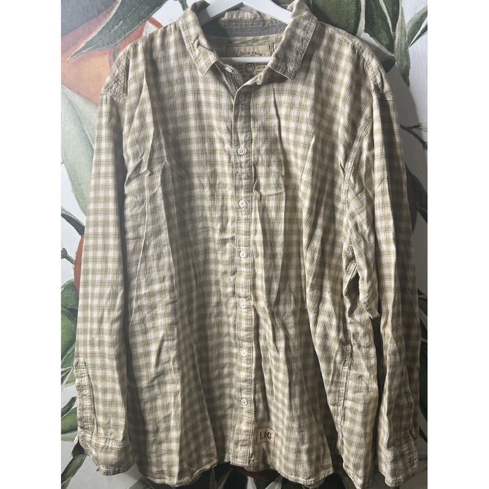 Life is Good Mens 2XL Plaid Yellow Cotton Button Down Long Sleeve Shirt Casual